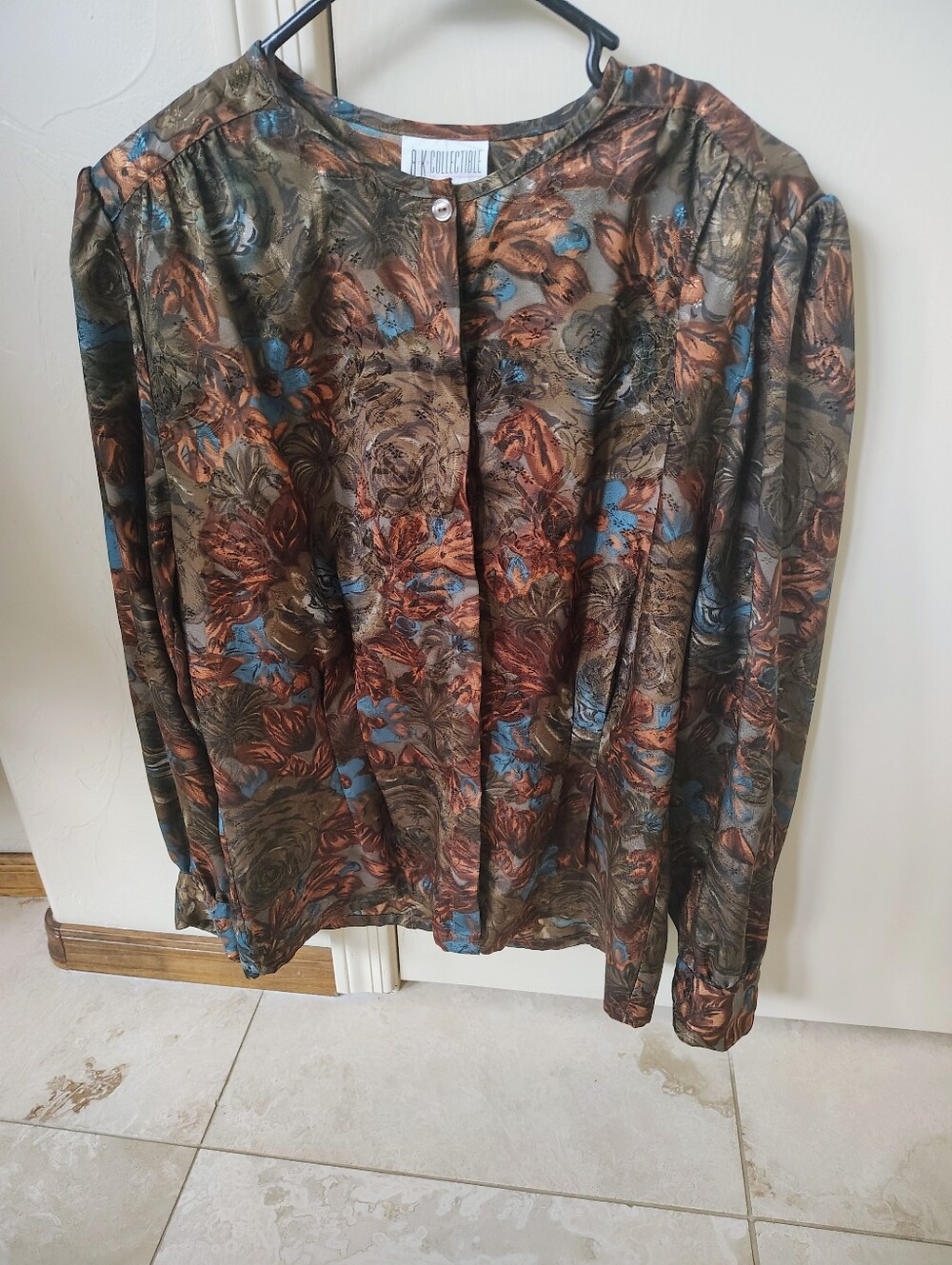A K Collectibles Women's Brown Teal Floral Long Sleeve Blouse 100% Polyester